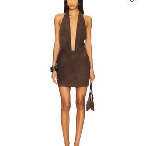 Liv Dress by Understated Leather Deep Plunge Halter Mini Dress in Brown Suede